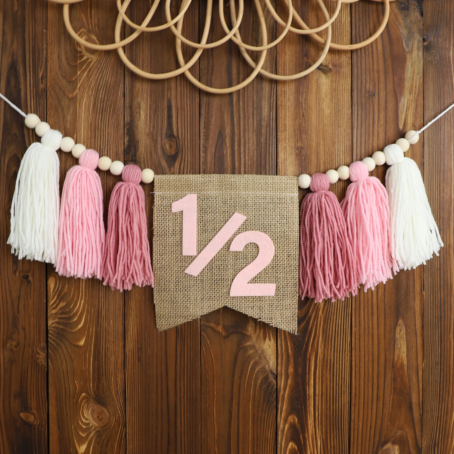 Greenery Half Birthday Highchair Banner - '1/2' Tassel Garland With Wood Beads, 80 Inch Long, For 6 Month Celebration