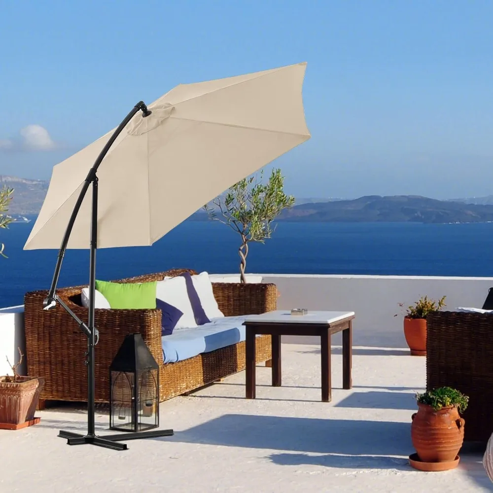 10ft Cantilever Patio Umbrella, Offset Hanging Outdoor Table Umbrella with Tilt Crank, 6 Sturdy Ribs and Cross Base, UV 2