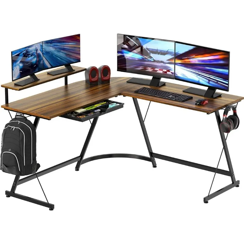 L Desk with Monitor Stand Drawer