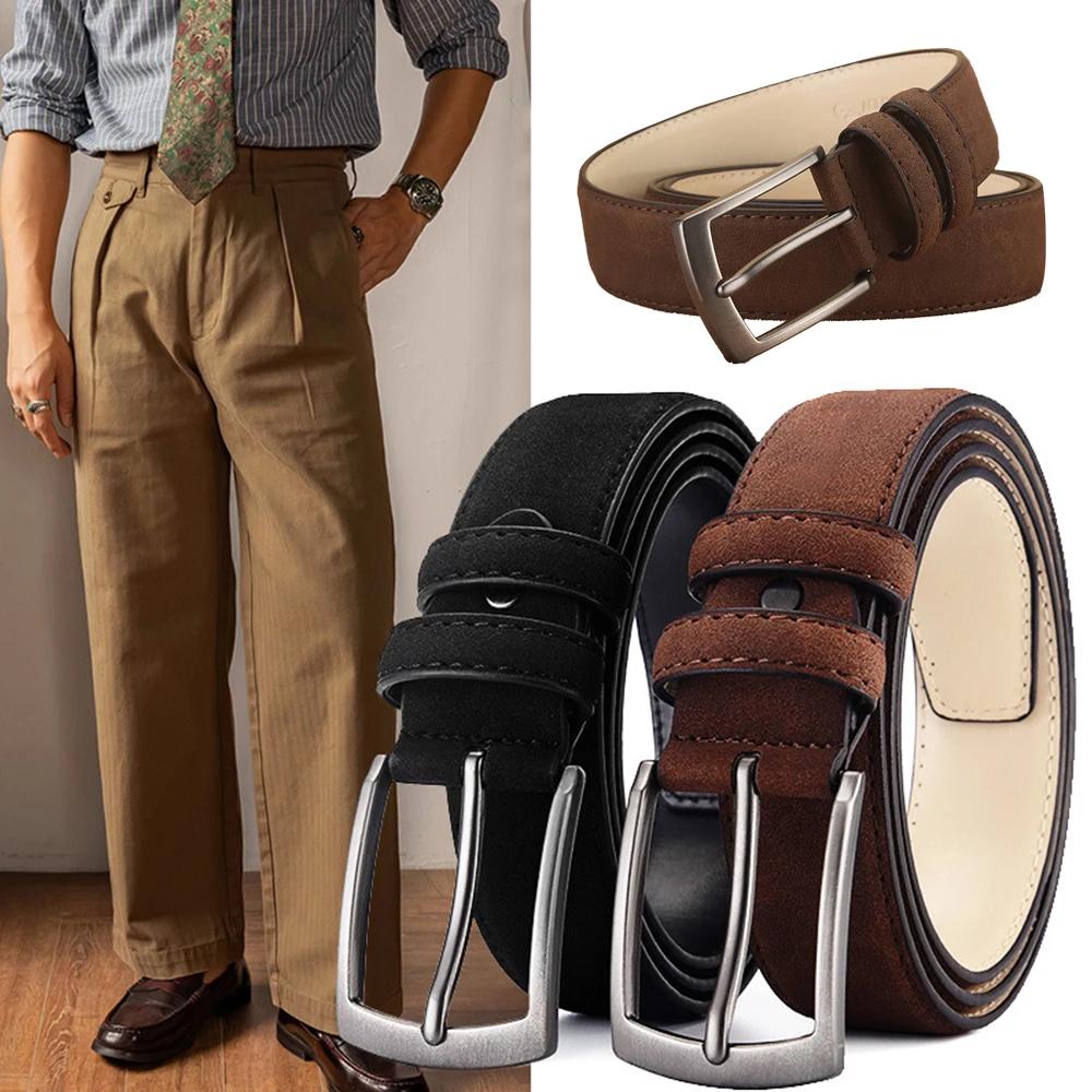 

1PCS Men Suede Cow Leather Belt Alloy Pin Buckle Plush Velvet Waist Strap Genuine Leather Waist Belt Jeans Pants Waistbands