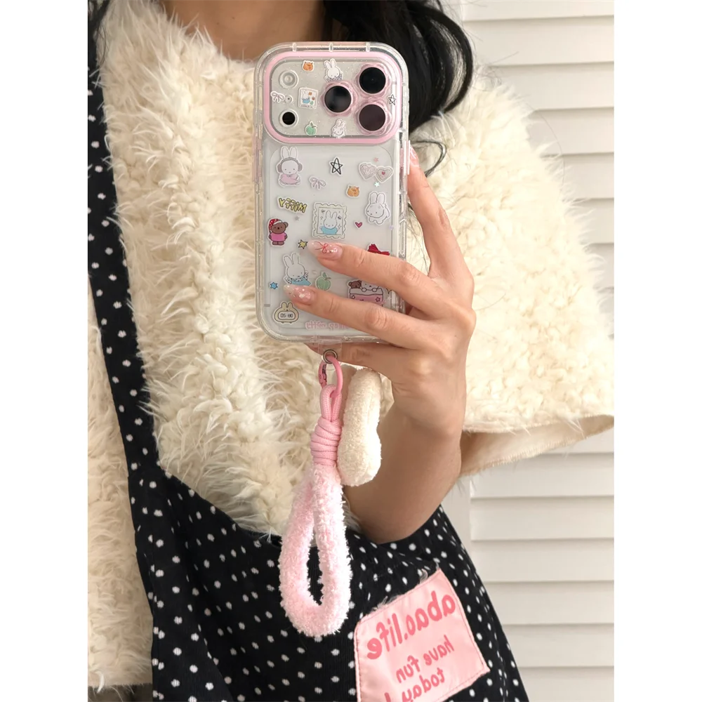 Kawaii Rabbit Clear Cartoon Phone Case with Plush Pendant - Shockproof Cover