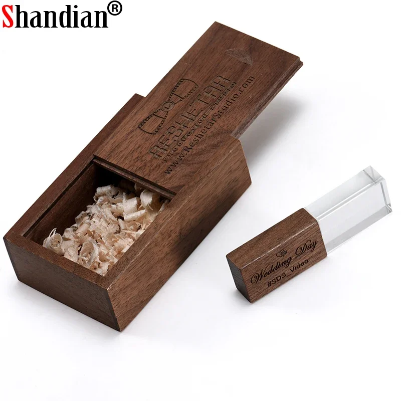 

SHANDIAN Wooden box USB flash drives Crystal Pen drive Waterproof Memory stick pendrive 128GB 32GB 64GB Wedding gift Thumb drive