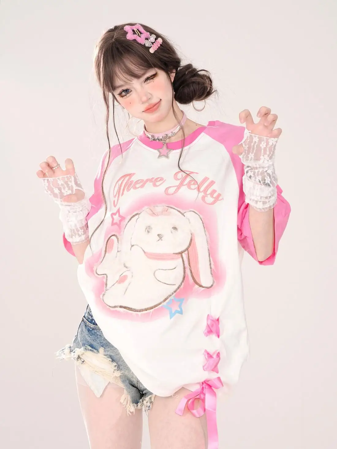 

Japanese kawaii bunny pink blue bottoming shirt 2024 new Korean style round neck raglan T-shirt women sweet cool style niche top