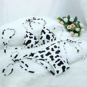 Womens Bikini Set Japanese Style Cute Milk Cow Dotted Mini Bikini Sets Underwear Halter Neck Bras Top with Briefs Panty 1