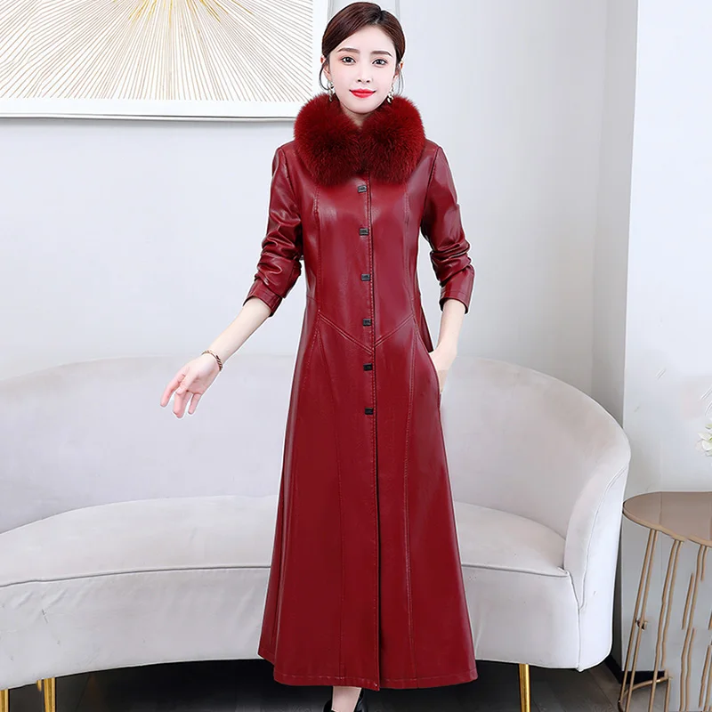 Size M-7XL New Women Leather Coat Autumn Winter 2023 Fashion Fox Fur Collar Plus Cotton Liner Thick Long Slim Leather Jacket autumn and winter long design leather coat fashion slim leather overcoat black wine red leather jacket plus size m 5xl k6607