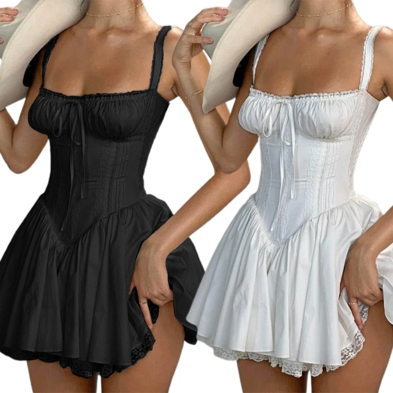 

Y2K Vintage White Dress French Mini Dress Lace Trim Party Dress drop shipping