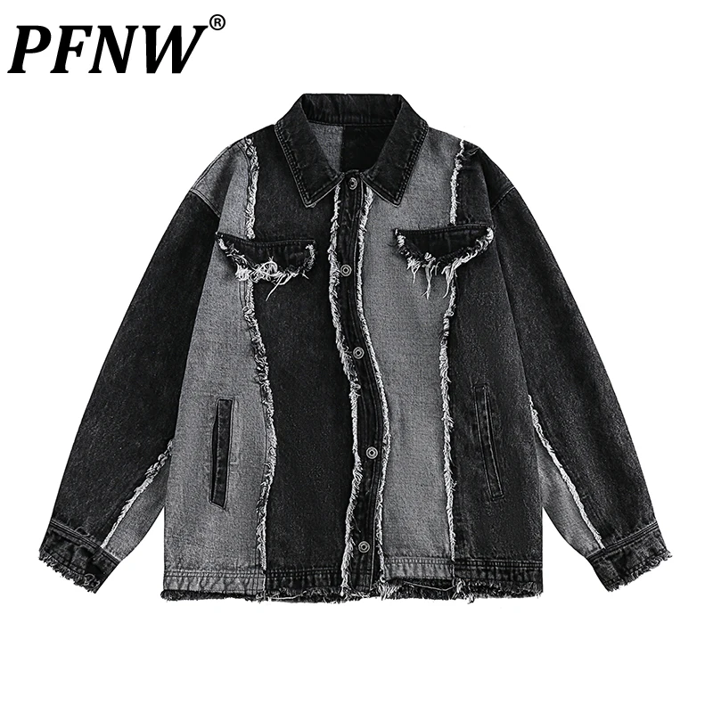 

PFNW Trendy Niche High Street Patchwork Raw Edge Denim Jacket Men's Tide Spring Autumn Patchwork Fashion Retro Design 12Z2335