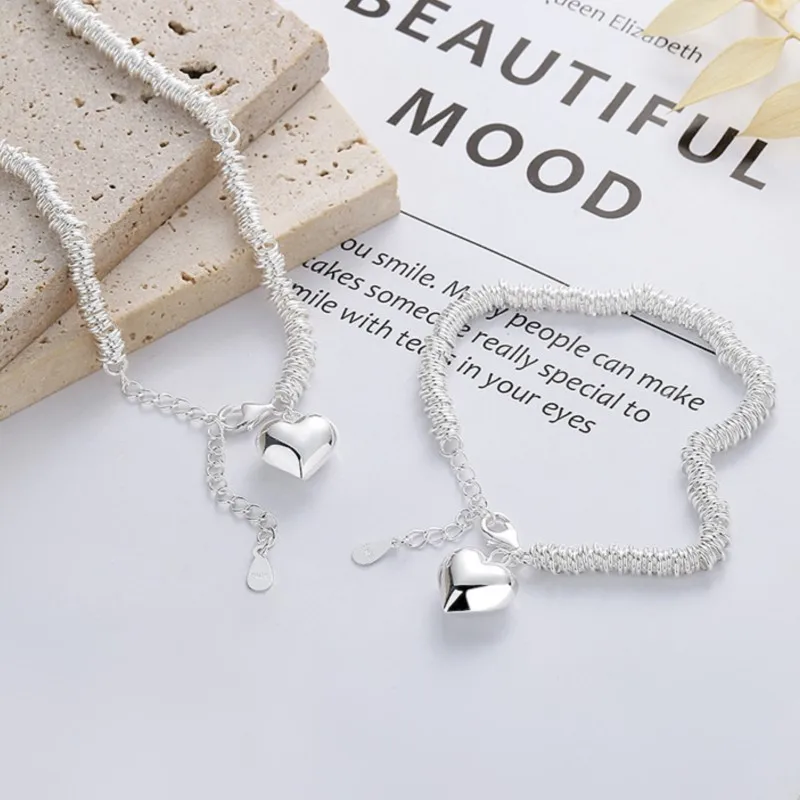 2024 New Trend Silver Color Thick Chain Jewelry Sets for Women Necklace Bracelet LOVE Heart Pendant Party Jewelry Gifts