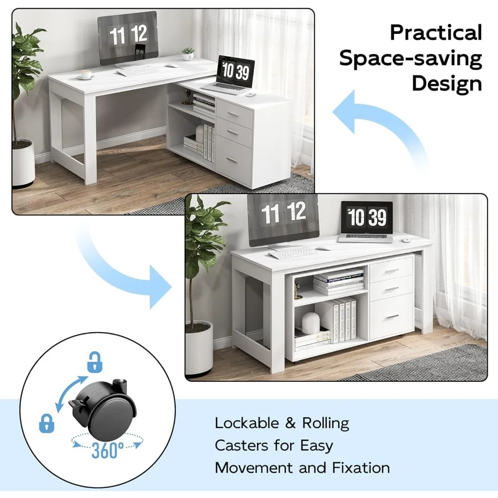 Computer Desk L Shaped, with 3 Drawers and 2 Shelves, Writing Office Table with Storage File Cabinet,with Wheels for Home Office 5