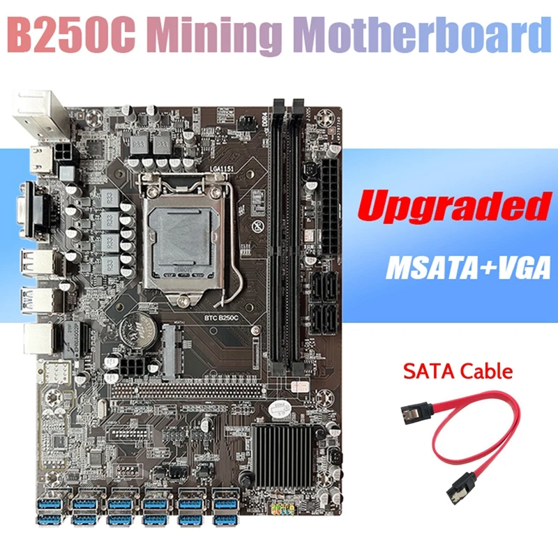 HOT-B250C BTC Mining Motherboard+SATA Cable 12XPCIE to USB3.0 Graphics Card Slot LGA1151 DDR4 MSATA ETH Miner Motherboard best desktop motherboard