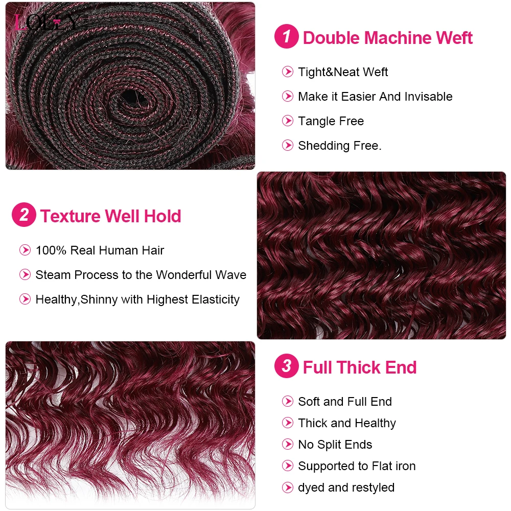 99j Burgundy Deep Wave Bundles Colored Human Hair Bundles Brazilian Remy Hair Extension Curly Weaves 1/ 3/4 Pcs human hair extensions