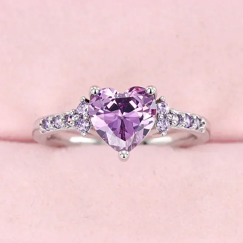 Charming heart purple cubic zirconia rings for women wedding ceremony party bridal accessory wedding rings womens ring cubic zircon ring jewelry rings ring jewelry