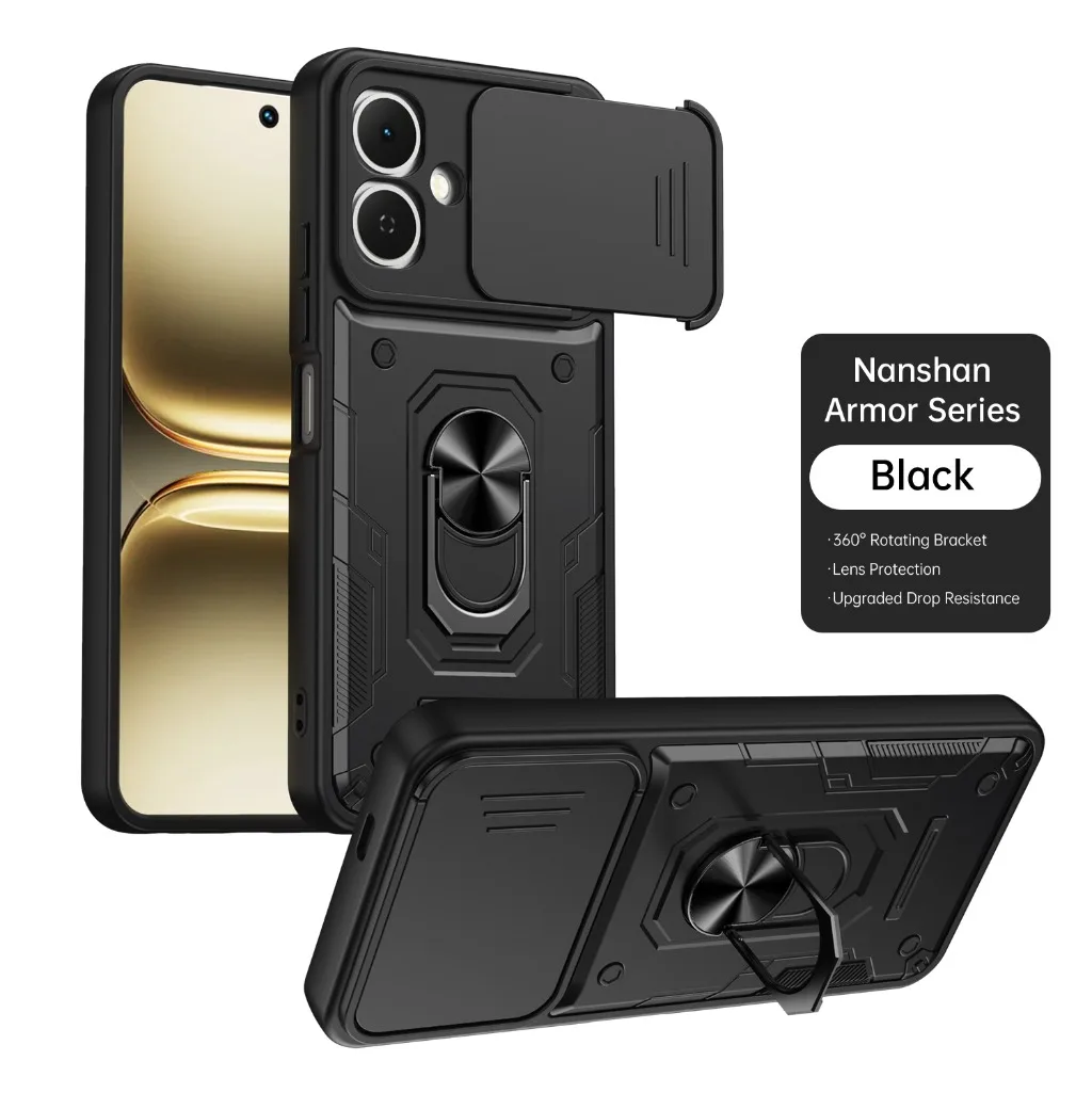 Shockproof Armor Phone Case with Slide Camera Protection and 360° Ring Holder Cover