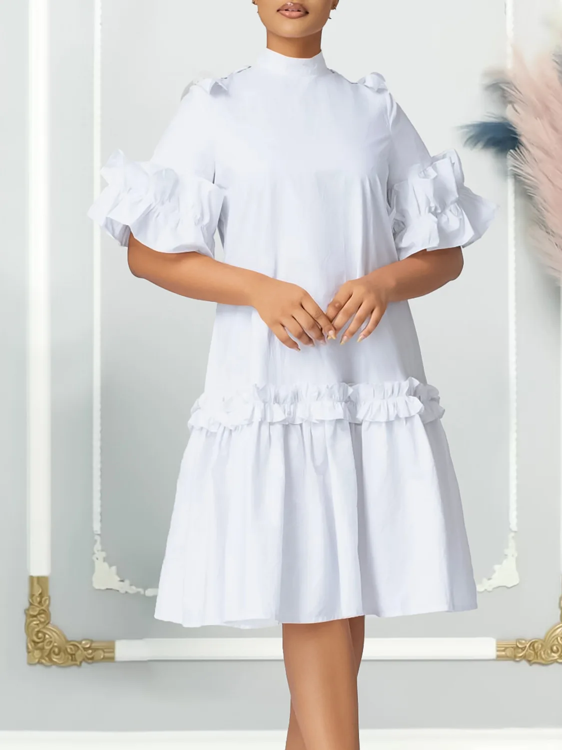 

2024 summer new fashion solid color style wooden ear edge A-line skirt dress