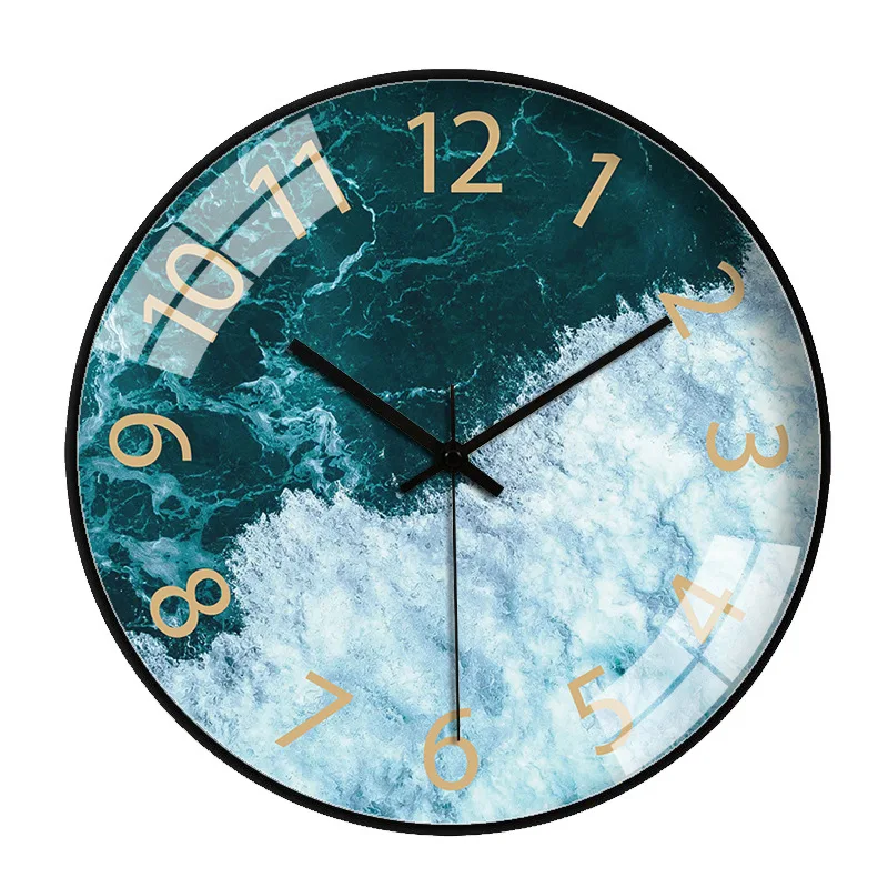Large Round Wall Clock Gold Silent Sea Art C  
