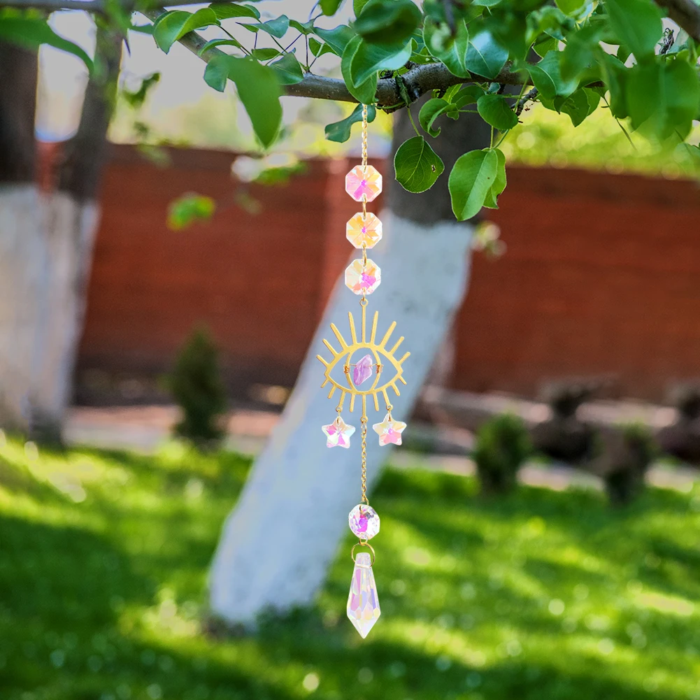 Home Garden Car Hanging Decor Craft Gifts Hexagon Rainbow Eye Hanging Pendant Prism Natural Stone Garden Wind Chime