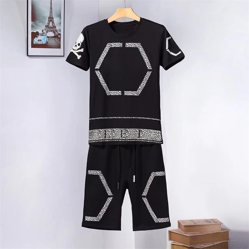 

Men's T-shirt Set Spring Summer Classical Brand Fashion Logo Pattern Rhinestone T-shirt Pullovers Shorts Casual Two Piece Set