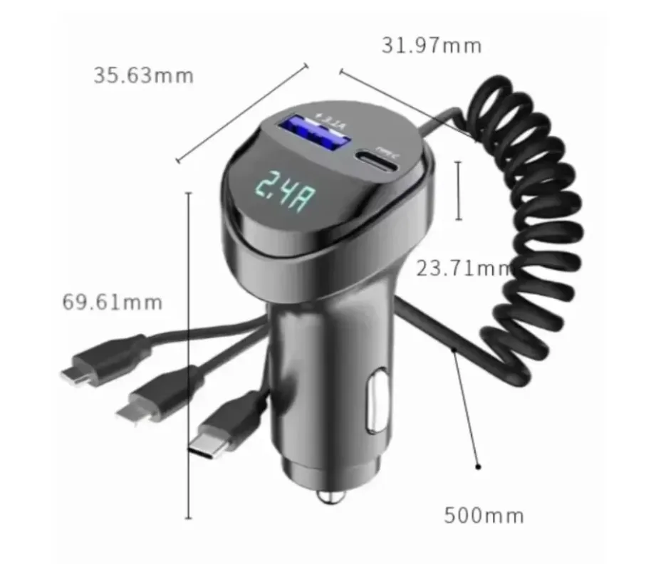 3 In 1 2 Ports USB Car Bluetooth Smart Phone Charger 3.1A with Voltage Display Car USB Retractable Charging Cable Fast Charging