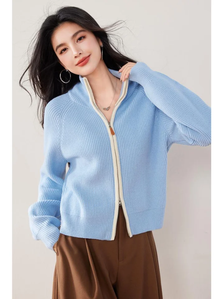 여성용 가디건 상의 니트 루즈핏 카라 가을겨울 파란색 빈티지 여유로운 부드러운 가디건 상의 니트 상의 가디건