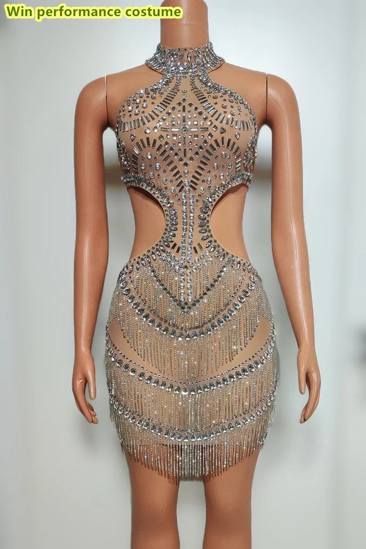 Women Rhinestones Tassels Sexy Short Dress Singer Stage Performance Costume  | eBay