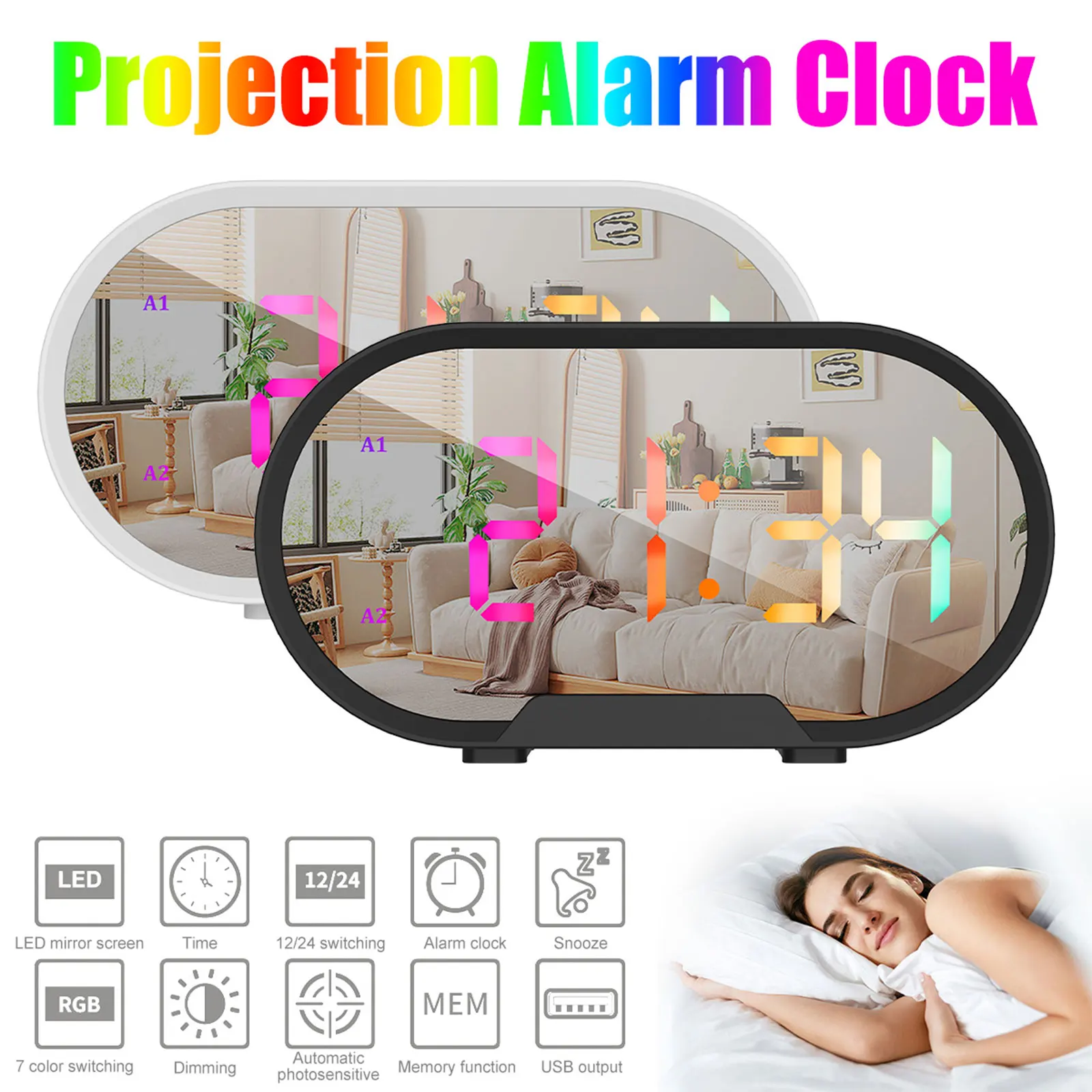 

Digital Alarm Clock with Mirror Surface Adjustable Brightness and Volume LED Mirror Electronic Clocks with Snooze Portable RGB