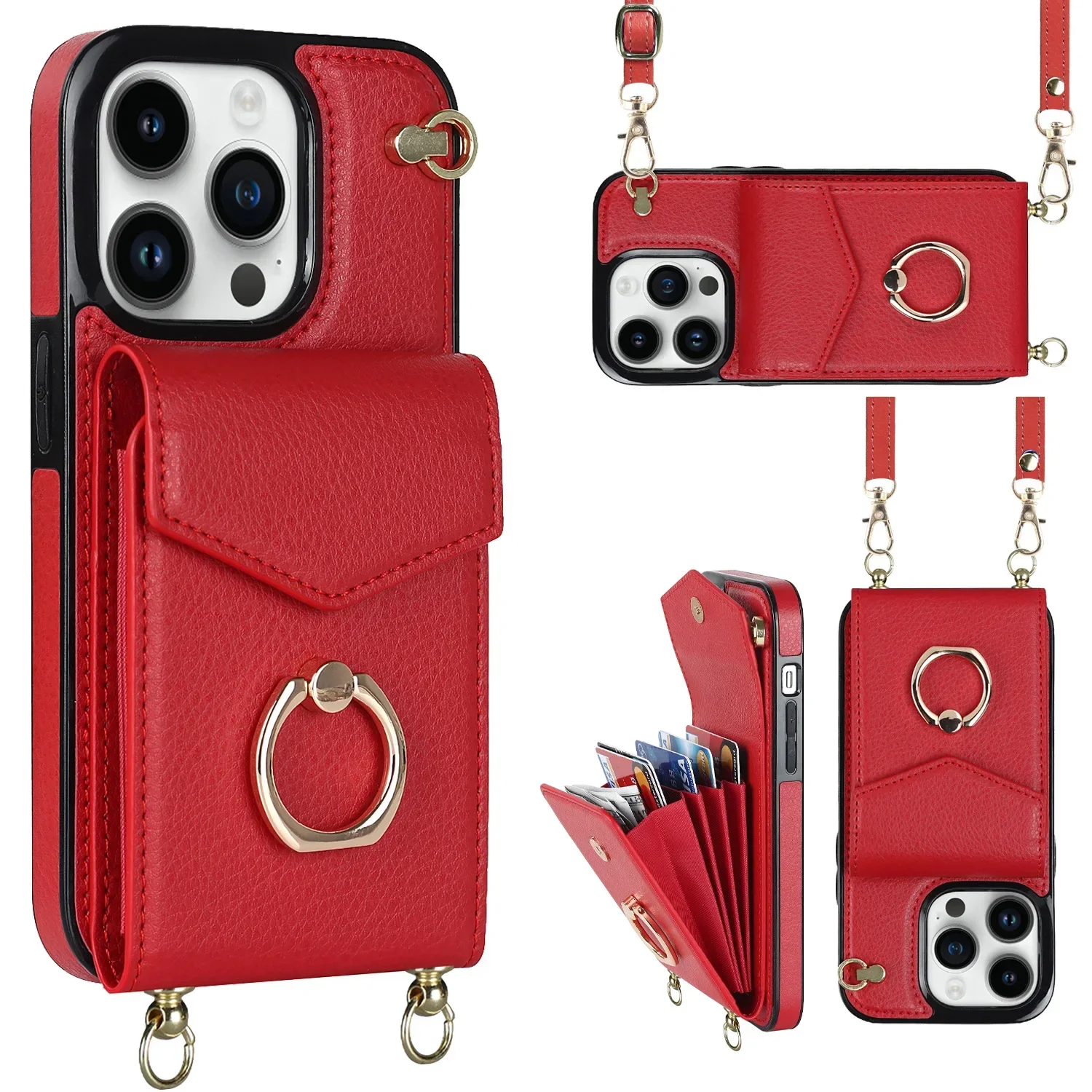 Crossbody Lanyard RFID Blocking Leather Card Holder with Ring Attachment