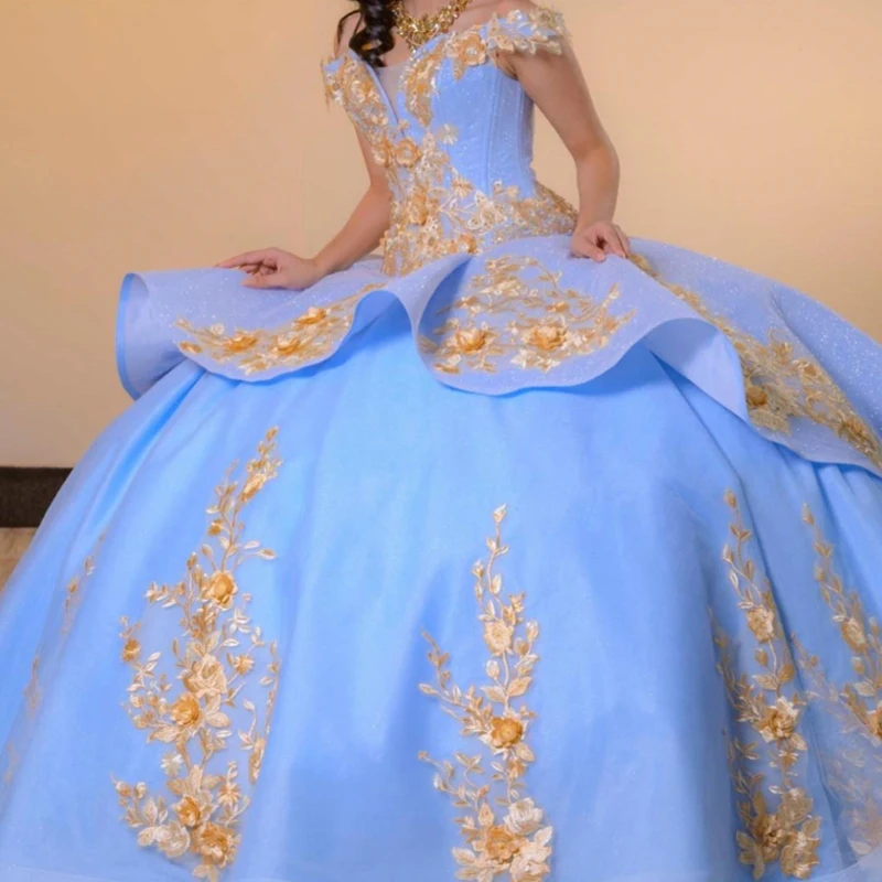 

Sky Blue Shiny Quinceanera Dress Ball Gown Off The Shoulder Appliques Lace Tull Corset Sweet 15 Vestidos De XV Años