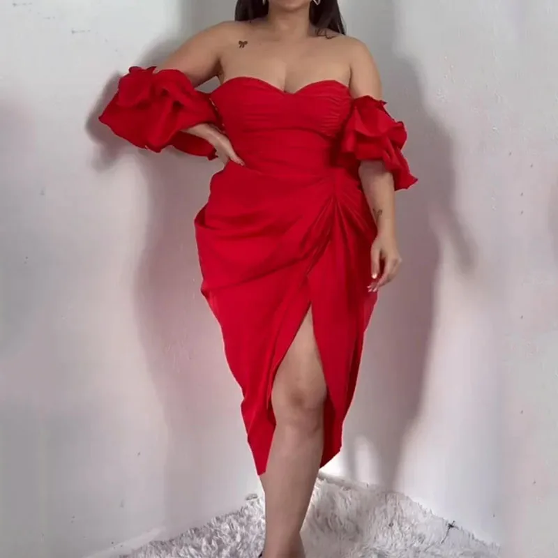 Plus Size Solid Short Ruffled Sleeve Strapless Slit Dress Plus Size color: Red