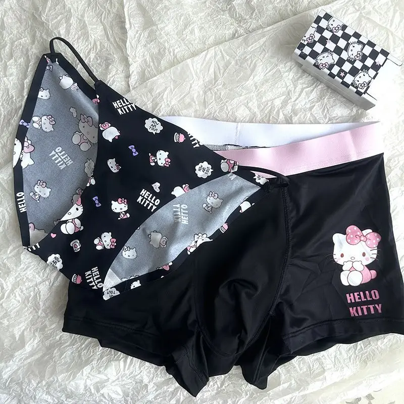 Kawaii Hello Kitty Underwear Set 2023 New Cartoon Printed Sanrio Kitty Cat  Bra Underpants Funny Couple Briefs Sweet Girl Bra Set