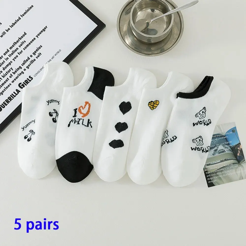 WOMEN'S Boat Socks 5 Pairs Invisible Low Cut Silicone Anti Slip Summer Ankle Socks Cotton Heart Mesh Breathable
