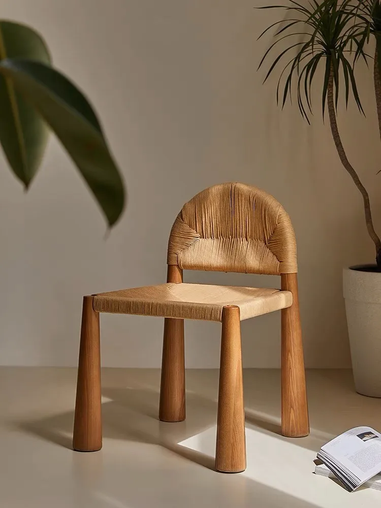Vintage Solid Rattan Chair Woven Single Seat Minimalist Cream Style Design Model Furniture Dining Chair Backrest woven rattan rocking chair