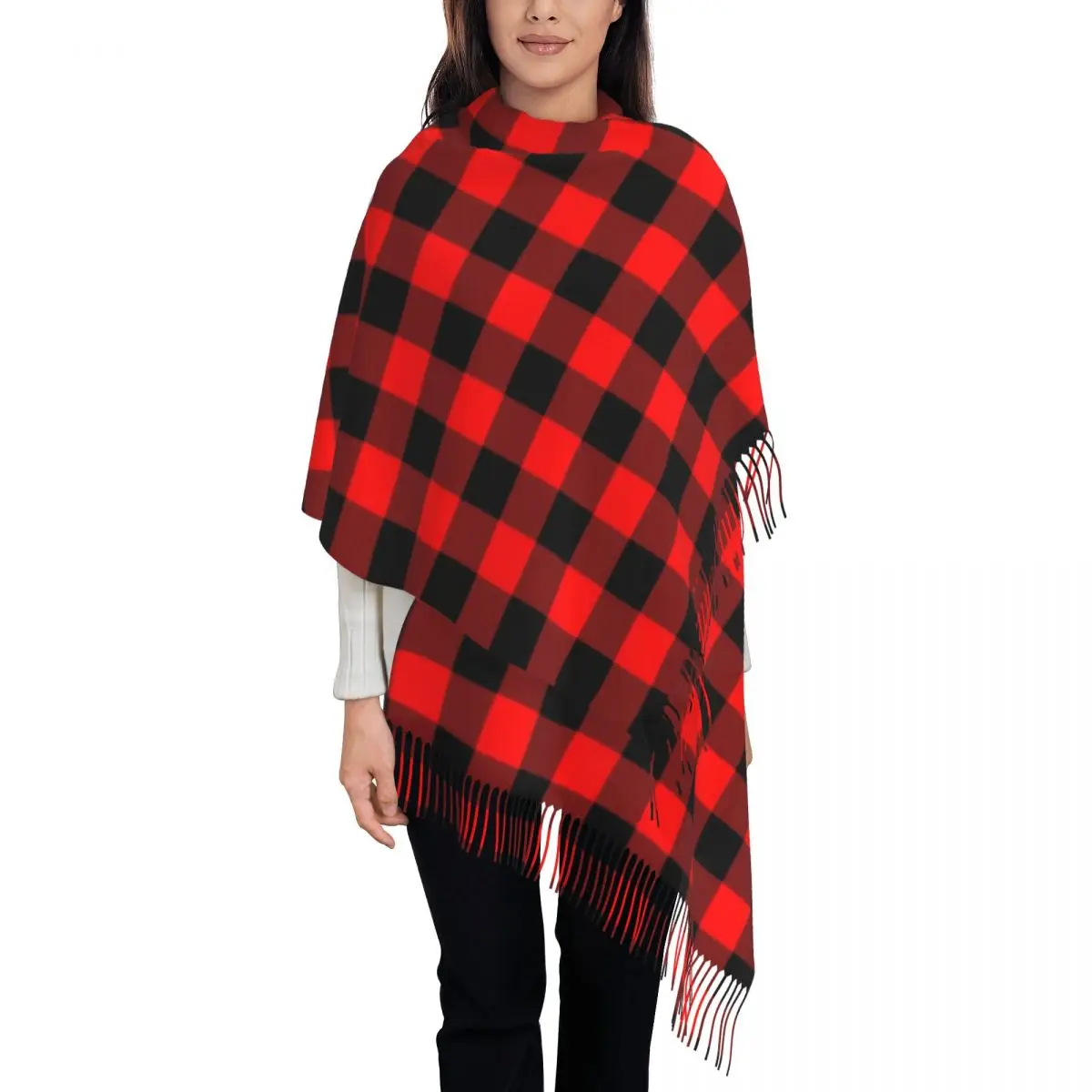 

Ladies Large Classic Red Black Buffalo Plaid Scarves Women Winter Thick Warm Tassel Shawl Wrap Fashion Tartan Gingham Scarf