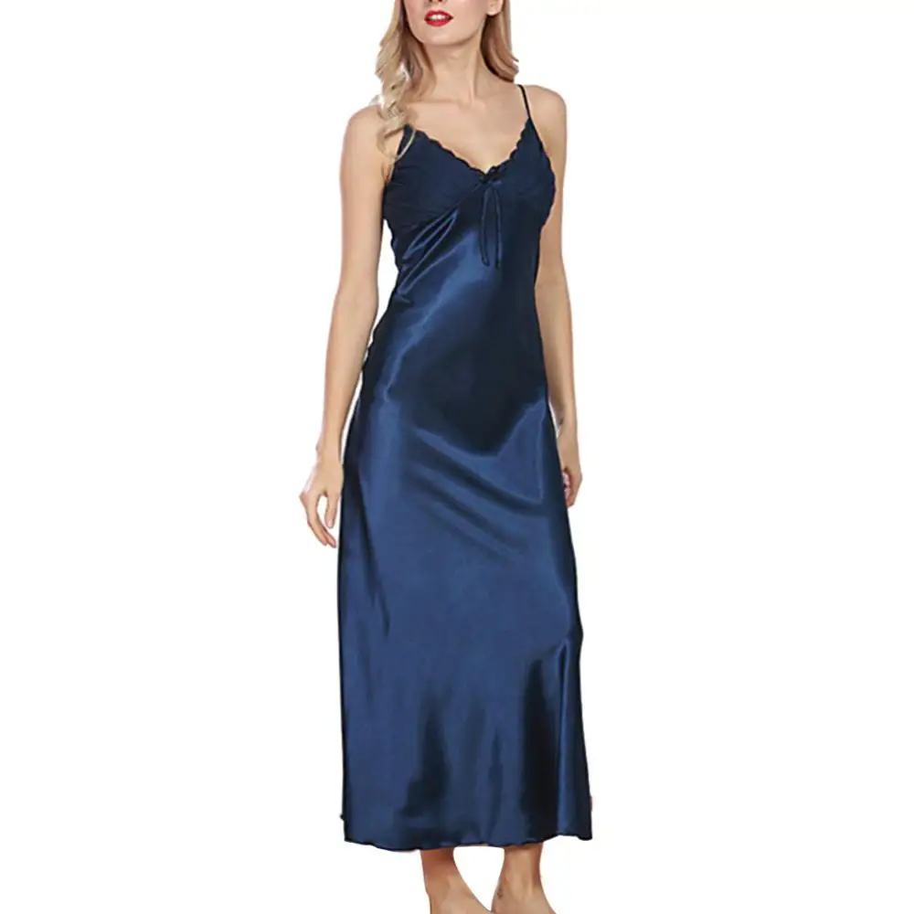 

Sexy Women Silk Pajamas Nightgown Women Pleated V Neck Sleeveless Maxi Nightdress