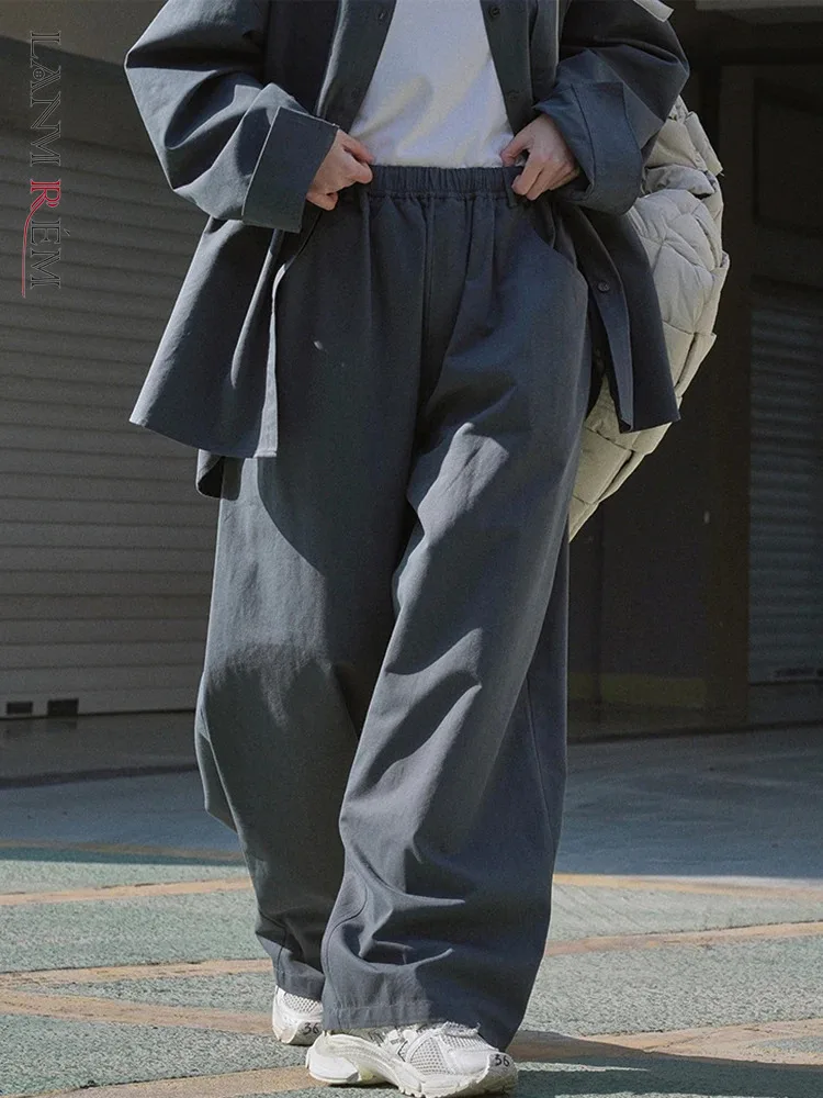 

[LANMREM] Korean Version Wide Leg Pants Women Elastic High Waist Straight Casual Loose Female Trousers 2024 Spring New 26D1220