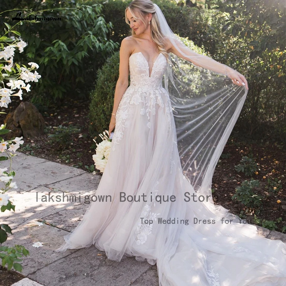 

Lakshmigown Румяна Розовая Принцесса Birdal Bobo Свадебные платья 2023 Роскошные кружевные деревенские трапециевидные Свадебные платья с открытыми плечами