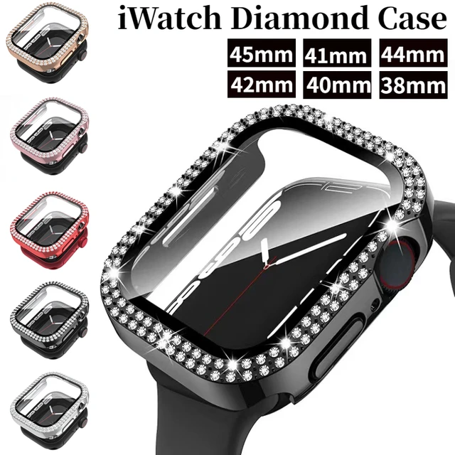 Coque en diamant + Film trempé pour Apple Watch, couvercle de protection en verre pour iWatch série 8 7 6 5 4 SE, 45mm 44mm 41mm 40mm 42mm 1