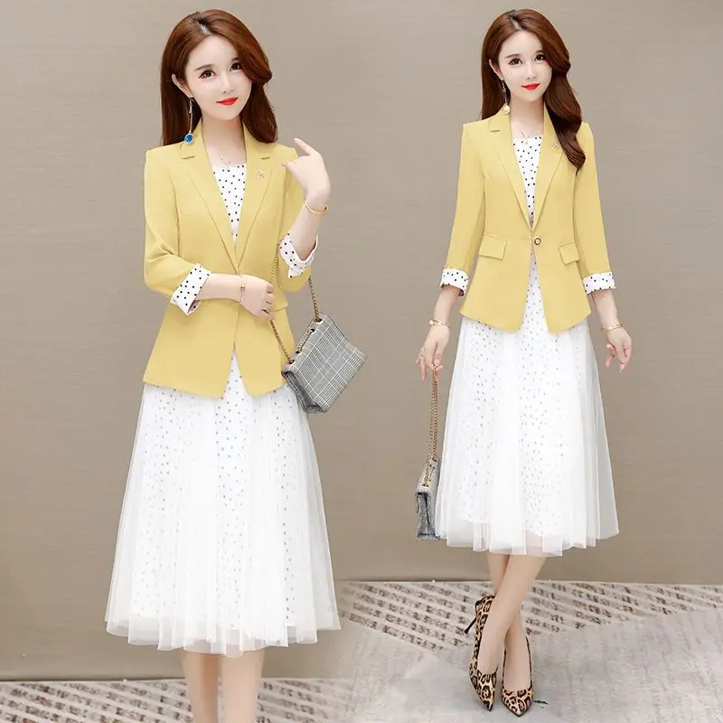 2023 Women Spring Autumn Elegant Blazer Dress Suits Female 2 Piece Set Casual Suit Jacket + Polka Dot Dress Ladies Outfits G364
