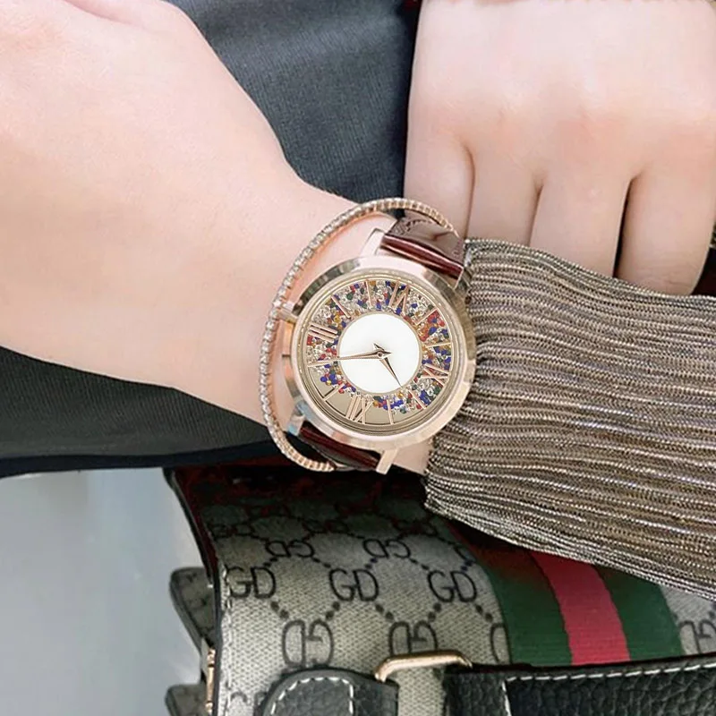 Original Women Watches Red Leather Sparkling Dia Luxury Golden Female Quartz Hand Clock Steel Waterproof Brand Lady Wristwatch