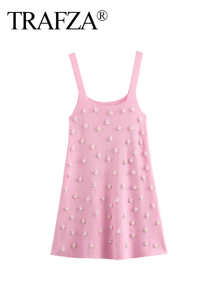 

Женское мини-платье с круглым вырезом и жемчужинами, без рукавов