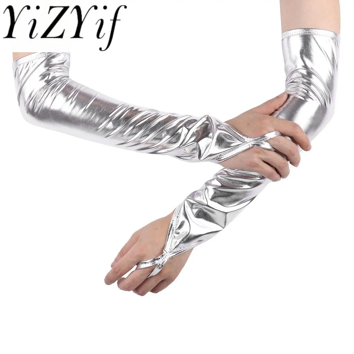 

Sexy Metallic Fingerless Gloves Womens Elbow Length Party Dance Mittens Cosplay Night Club Dancewear Accessory Shiny Long Gloves