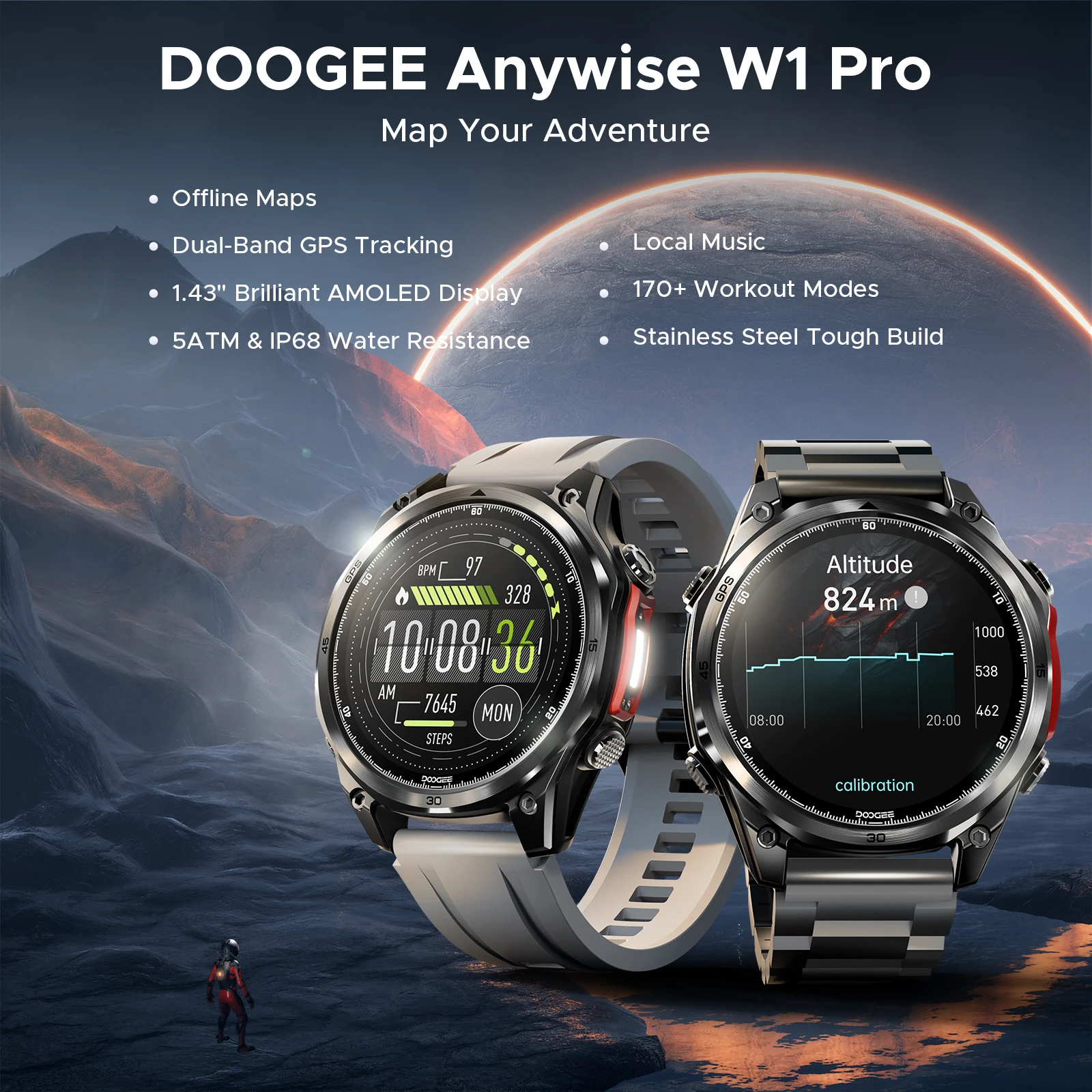 DOOGEE ANYWISE W1 PRO Smartwatch Resistenza all'acqua 5ATM Mappa offline GPS dual-band Monitoraggio della salute Funzione di promemoria Musica locale - immagine 2