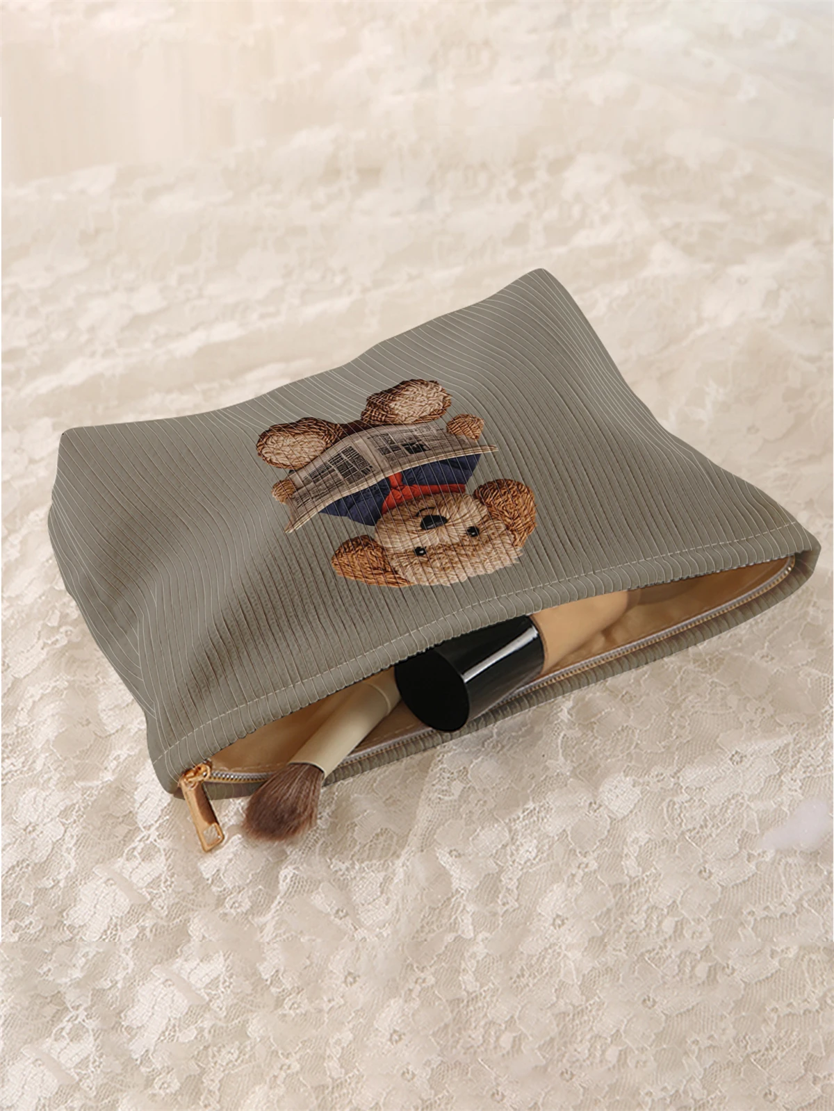 1 cartoon dog pattern printed corduroy makeup bag, lightweight zipper makeup storage box, multifunctional bag with lining