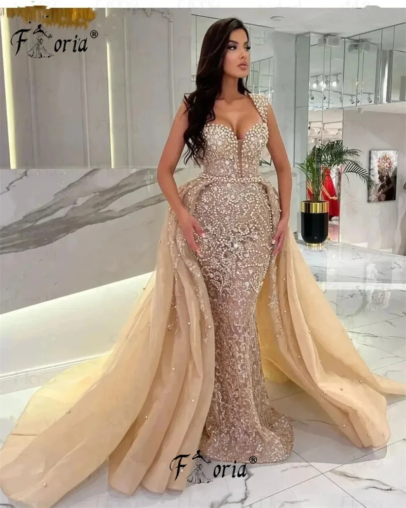 

Gorgeous Champagne Mermaid Evening Dress with Detachable Train Dubai Woman Wedding Party Gowns Pearl Beads Formal Ceremony Dress