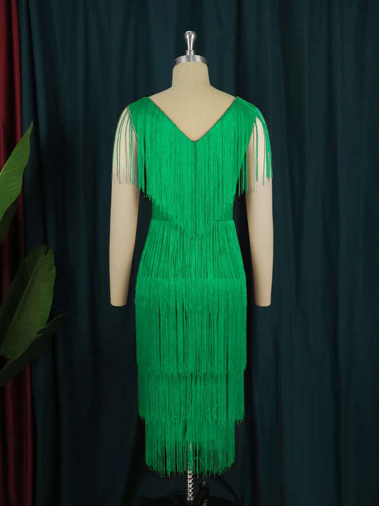 Abiti con frange verdi per le donne Sexy scollo a V nappa Cocktail Event Party outfit senza maniche a vita alta aderente Midi abiti 3XL 4XL - immagine 4