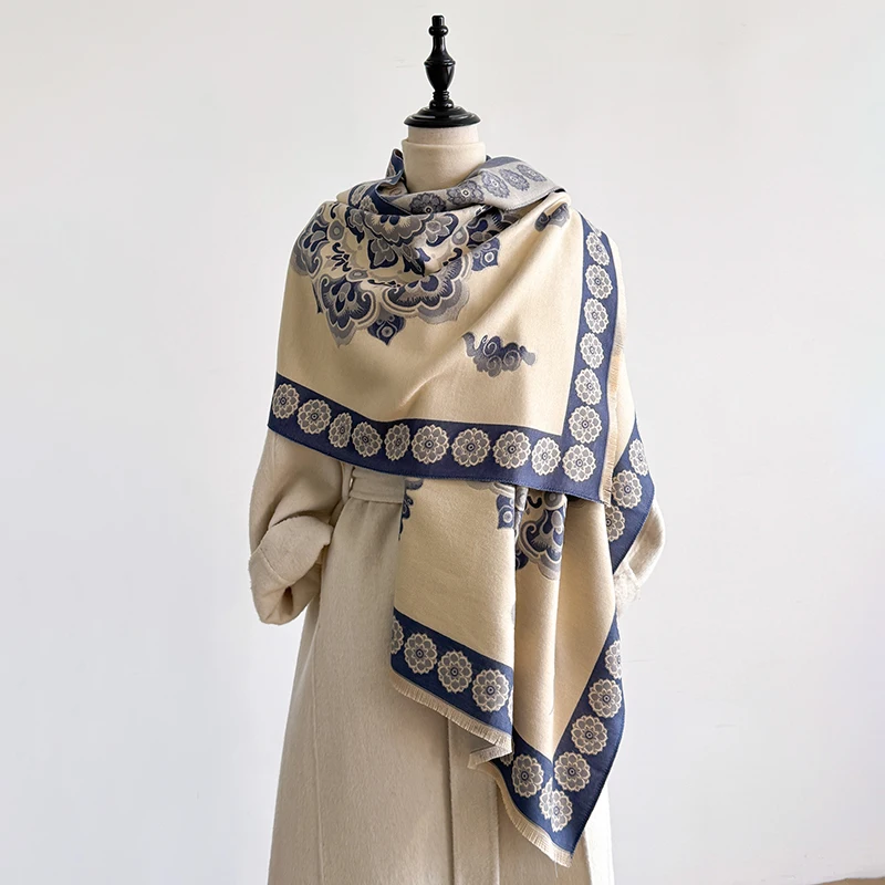 Elegant Plaid Design Scarf Imitation Cashmere Soft Warm Versatile Shawl Coldproof Windproof Blanket Scarf for Autumn Winter