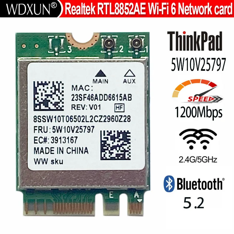 WiFi6 wireless network card Realtek RTL8852AE 5W10V25797 802.11AC/AX BT5.2 For Lenovo 100W 300W M70a M75Q M90a V55T Series