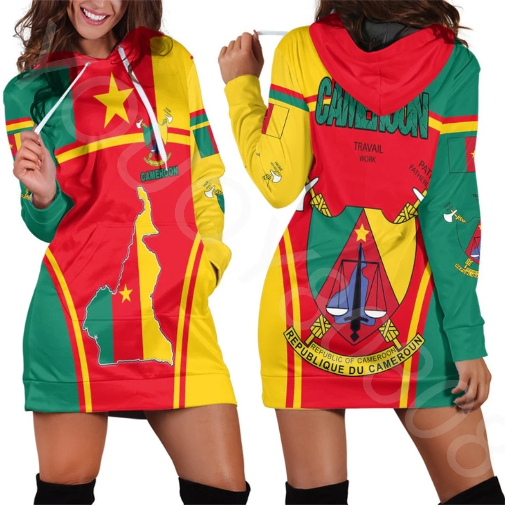 

2022 Cameroon Flag 3D Printing New Hooded Skirt Ladies Casual Long Sleeve Sweater Crew Neck Pullover Top