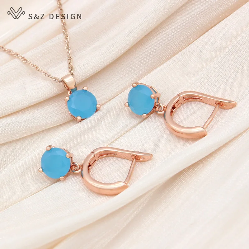 S&Z DESIGN New Fashion Round Crystal Drop Earrings Jewelry Sets For Women Wedding 585 Rose Gold Color Pendant Necklace Gift