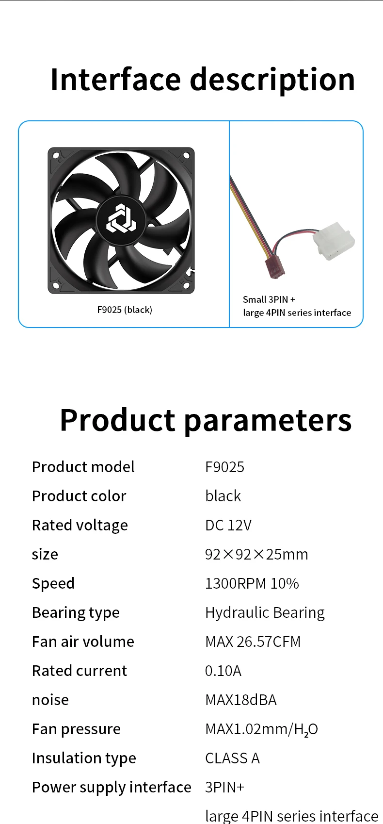 F9025 90mm PC Fan 1300RPM Constant Speed 3Pin add Big 4Pin Interface Suitable fo