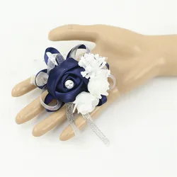 Silk Roses White Wrist Corsage for Bridesmaids - Elegant Floral Bracelet in Pink and Blue for Weddings (Dark blue)